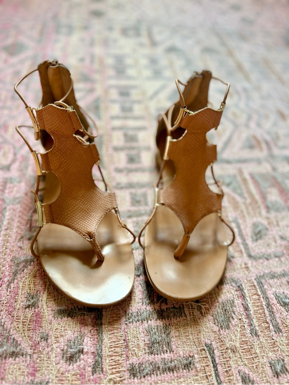 ALDO Tan Faux Snakeskin Lace-Up Gladiator Flat Sandals with Gold Hardware